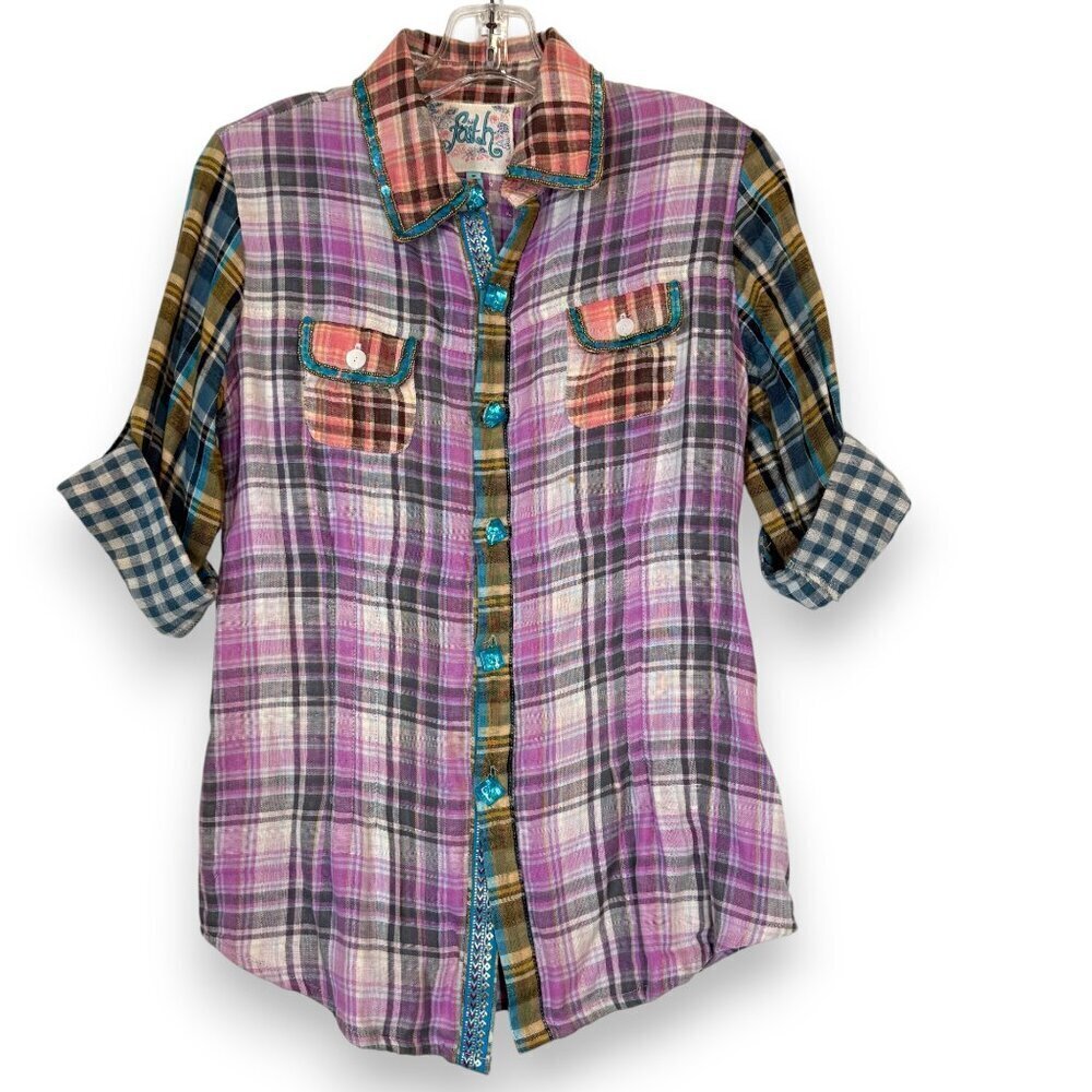 Patchwork Plaid Embroidered Sequin Top Shirt Butt… - image 10